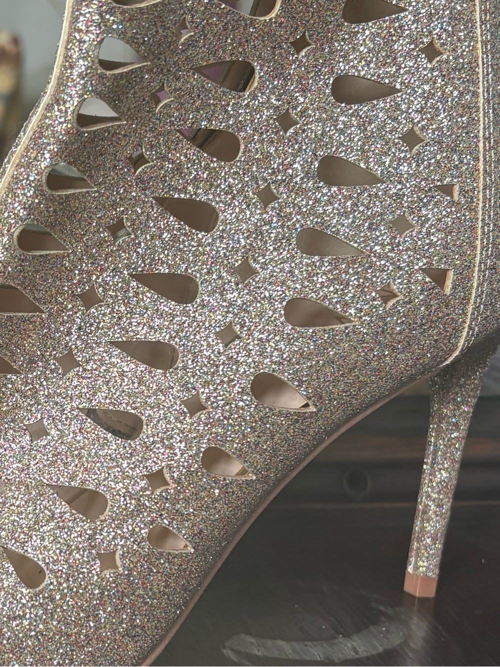 Nine West Glitter Cutout Peep-Toe Ankle Booties in Rose Gold Glitter